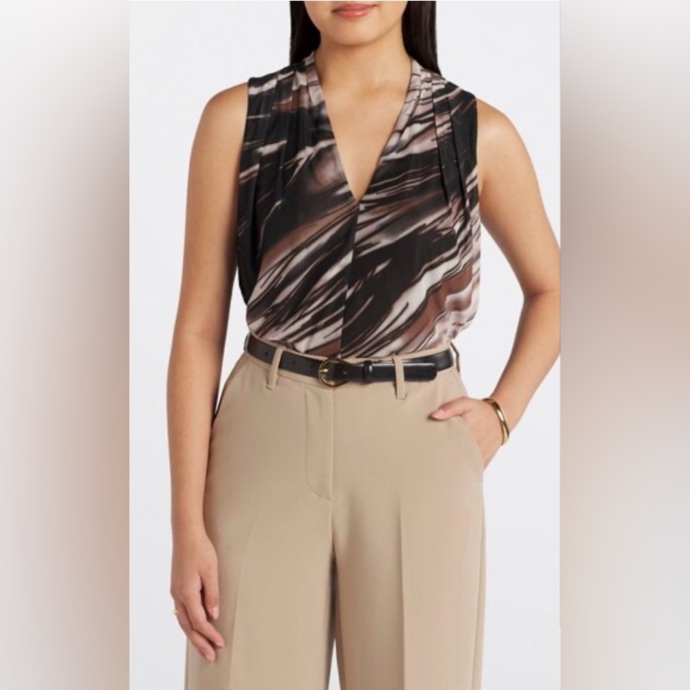 Nine Britton Mesh Sleeveless V Neck Sheer Blouse Black Brown Size Large